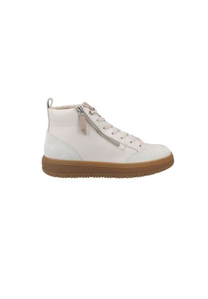 Baskets montantes en cuir blanc avec semelle en caoutchouc marron, fermeture éclair sur le côté et lacets. Détail texturé et doux sur le talon.