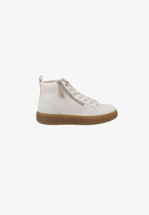 Baskets montantes en cuir blanc avec semelle en caoutchouc marron, fermeture éclair sur le côté et lacets. Détail texturé et doux sur le talon.
