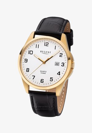 Gold wristwatch with white dial, black Arabic numerals, black leather strap, date window at 3 o'clock, and gold hour, minute, and second hands.