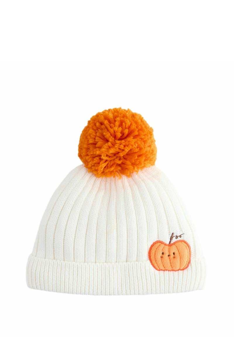 White ribbed knit beanie with an orange pom-pom on top and an embroidered pumpkin design on the front. Soft texture.