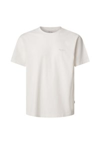 White cotton t-shirt with a crew neck and short sleeves. Features a small, light gray logo on the left chest. Soft texture, casual design.