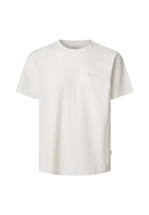 White cotton t-shirt with a crew neck and short sleeves. Features a small, light gray logo on the left chest. Soft texture, casual design.