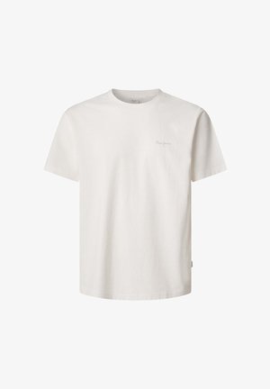 Balta medvilninė T-marškiniai su apvaliu kaklu ir trumpomis rankovėmis. Yra mažas, šviesiai pilkas logotipas kairėje krūtinės pusėje. Minkšta tekstūra, kasdienis dizainas.