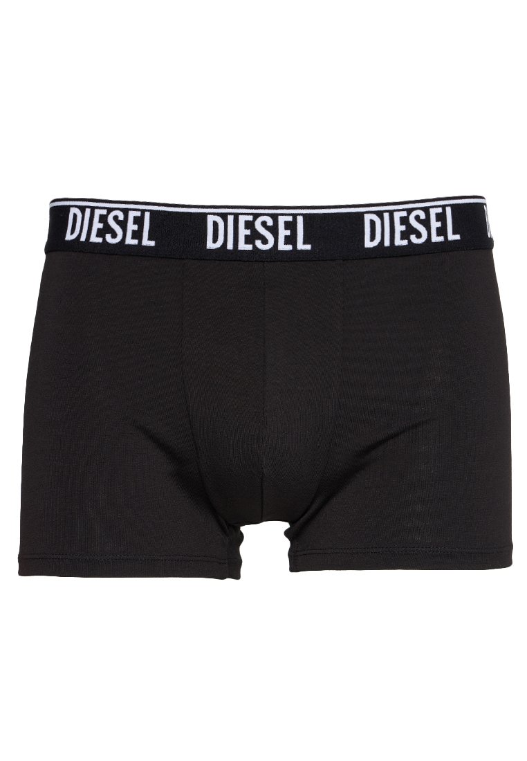 Schwarze Boxershorts aus Baumwolle mit einem elastischen Bund, der mit "DIESEL" in Weiß bedruckt ist, einer engen Passform und glatter Textur.
