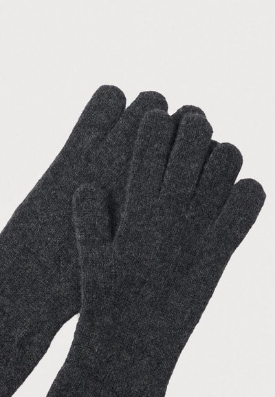 Guanti a maglia grigio scuro con finitura testurizzata, caratterizzati da dita singole e vestibilità aderente. Adatti all'uso in condizioni di freddo.