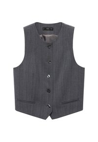 Gilet gris foncé sans manches à fines rayures, avec encolure arrondie, cinq boutons noirs, deux poches horizontales fendues et doublure intérieure lisse.