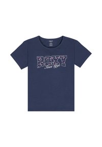 Navy blue t-shirt featuring the word "ROXY" in a bold, patterned font with floral details and "Since 1990" in cursive underneath.