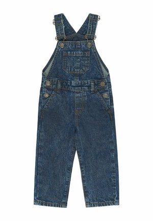 Salopette en jean bleu pour enfants avec bretelles réglables, poche poitrine avant, boutons latéraux et poches latérales inclinées.