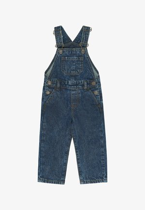 Salopette en jean bleu pour enfants avec bretelles réglables, poche poitrine avant, boutons latéraux et poches latérales inclinées.