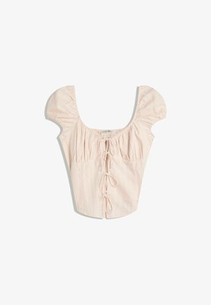 Lichtroze blouse met opstaande mouwen, een vierkante hals en verticale plooien. Heeft een gestrikte sluiting aan de voorkant met bijpassende stoffen strikken.