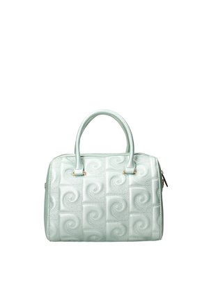 Sac à main vert menthe clair en matériau texturé, avec un motif de zigzag matelassé, des doubles poignées supérieures et des accents en métal doré.