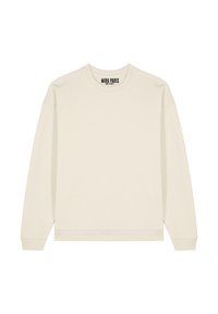 Lichtbeige sweatshirt van zachte stof, voorzien van een ronde hals, lange mouwen en een geribbelde zoom. Het label leest "MIRA PARIS."