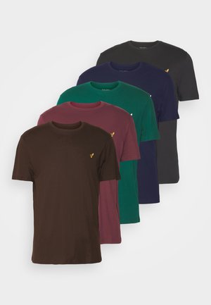 Five crew neck t-shirts are displayed, featuring dark brown, burgundy, green, navy, and black colors, each with a small yellow logo detail.