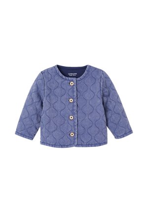 Blue quilted baby jacket with long sleeves, round neckline, and four front wooden buttons, size 3 months.