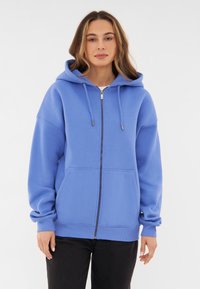 Felpa blu con zip, cappuccio, tasche frontali e maniche a costine. Realizzata in tessuto morbido con una texture liscia e design minimalista.