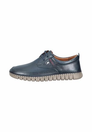 Men's navy blue leather casual shoe with beige flexible sole, lace-up front, and perforated detailing on the upper.
