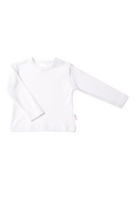Weißes langärmliges Shirt aus weicher Baumwolle. Hat einen Rundhalsausschnitt mit Druckknopfverschlüssen an der Schulter und einem kleinen Logotag an der Seite.