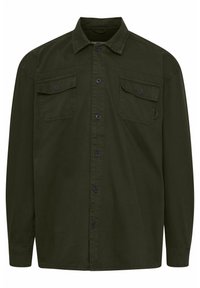 Camicia verde scuro con bottoni realizzata in cotone, dotata di colletto a punta, due tasche anteriori e maniche lunghe con polsini a bottoni.