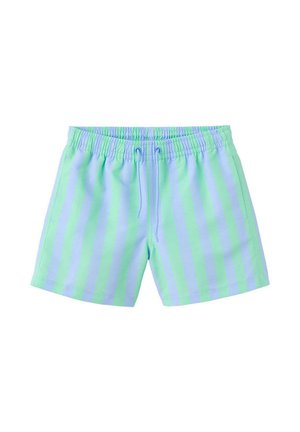 Short de bain à rayures verticales bleu clair et vert menthe avec taille élastique et cordon.