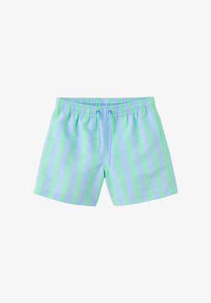 Short de bain à rayures verticales bleu clair et vert menthe avec taille élastique et cordon.