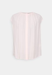 Blouse sans manches rose clair avec un col rond et des détails plissés au centre devant.