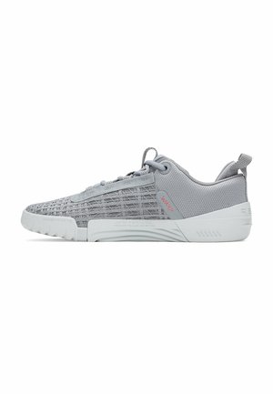 Gray athletic shoes featuring a textured mesh upper, flat laces, and a cushioned white sole, designed for comfort and performance.