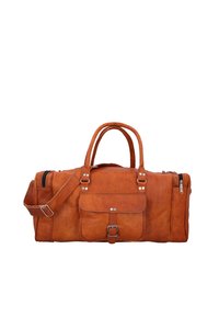 Brun læderduffelbag med to håndtag, en justerbar skulderrem, frontlomme og sølvfarvede metaldetaljer. Glat tekstur.