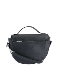 Borsa a spalla in pelle nera con motivo floreale in rilievo, forma curva, manico superiore e tracolla rimovibile. Dotata di chiusura con zip.