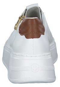 White leather sneaker with a brown leather accent at the heel, a textured rubber sole, and a gold zipper detail at the back.