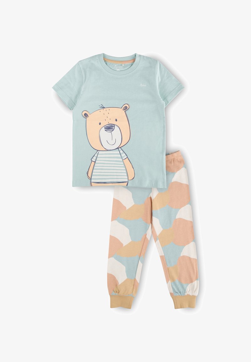 Baumwoll-Pyjama-Set mit einem hellblauen Oberteil mit einem Bärenmotiv und gestreiftem Shirt sowie gemusterten Hosen in sanften Pastellfarben mit gerippten Bündchen.