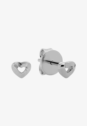 Petites boucles d'oreilles clous en argent en forme de cœurs creux, une boucle montrant le devant et l'autre montrant l'arrière avec une tige.