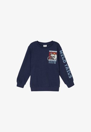 Granatowy sweter z długim rękawem, z grafiką rowerującego zwierzęcia na przodzie i napisem "DZIKIE OGONY" wzdłuż rękawa.