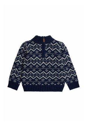 Marineblauer Strickpullover mit weißen Zickzack- und Diamantmustern, gerippten Bündchen und Saum sowie einem kurzen Reißverschluss am Kragen.