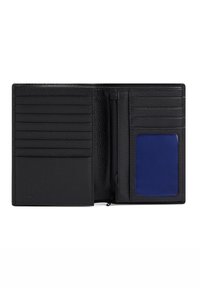 Portafoglio in pelle nera con diversi scomparti per carte, una tasca con zip e uno slot per ID di colore blu a contrasto. Finitura testurizzata.