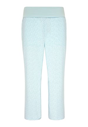 Ljusblå cropped byxor med elastisk midja, prydda med ett prickigt mönster och en slät textur. Utformade för komfort och rörelsefrihet.