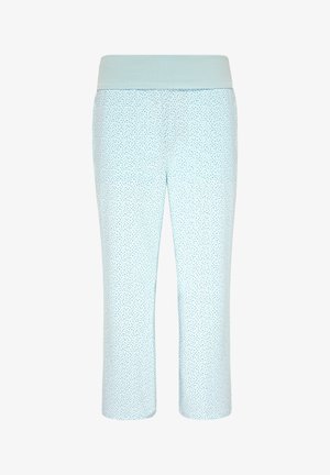 Jasnoniebieskie spodnie typu cropped z elastycznym pasem, ozdobione w kropki i o gładkiej teksturze. Zaprojektowane z myślą o komforcie i swobodzie ruchów.
