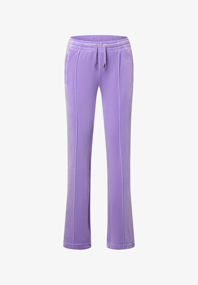 Purple sweatpants with a soft texture, featuring an elastic waistband and drawstring, straight legs, and side pockets with contrasting seams.