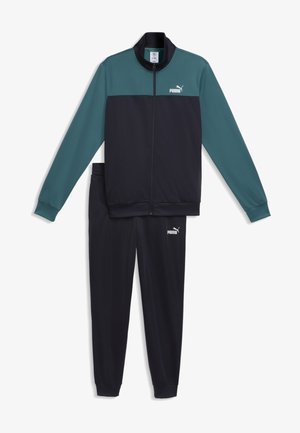 Tuta Puma due pezzi con giacca con zip e pantaloni, con maniche e parte superiore del petto turchese, corpo e gambe nere, con loghi Puma bianchi.