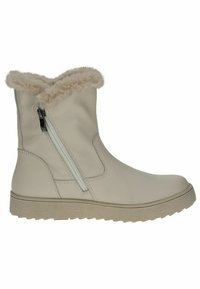 Cream-colored leather ankle boot with faux fur collar, side zipper detail, and textured rubber sole. Smooth finish with subtle stitching.