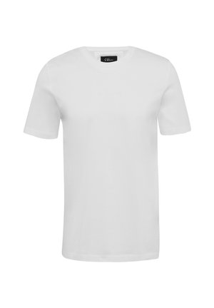 Valkoinen puuvillapaita, lyhyet hihat, pyöreä pääntie, sileä pinta, ei kuvioita tai grafiikkaa, yksinkertainen muotoilu, suora helma.