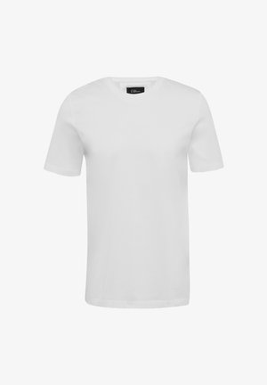 Valkoinen puuvillapaita, lyhyet hihat, pyöreä pääntie, sileä pinta, ei kuvioita tai grafiikkaa, yksinkertainen muotoilu, suora helma.