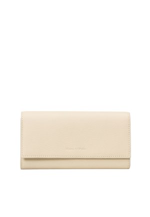 Cream leather wallet with a simple folding design, textured finish, and embossed brand name. Features a snap closure and edges stitched.