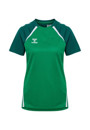Grünes Sports-T-Shirt mit Rundhalsausschnitt, kurzen Ärmeln und weißen Akzenten. Hergestellt aus leichtem, atmungsaktivem Stoff. Hummel-Logo auf der Vorderseite.