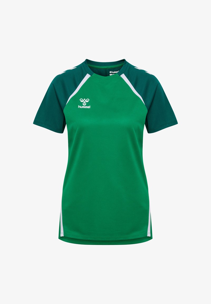 T-shirt sportivo verde con collo rotondo, maniche corte e dettagli bianchi. Realizzato in tessuto leggero e traspirante. Logo Hummel sulla parte anteriore.