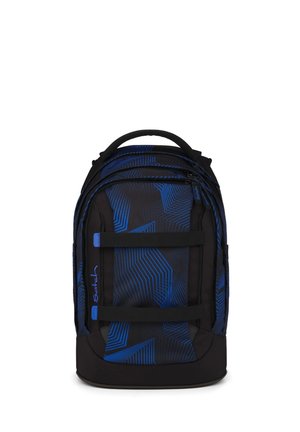Black and blue patterned backpack with multiple zippered compartments, carrying handle, and two horizontal straps on the front.