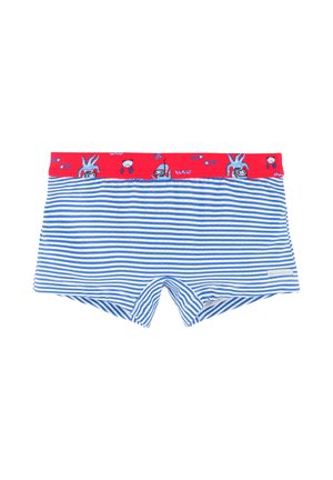 Bañadores de niño con rayas horizontales azul y blanco y una cinturilla roja con dibujos de criaturas marinas y peces de caricatura.