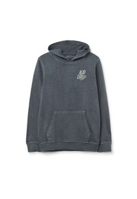 Kapuzensweatshirt in Dunkelgrau, mit einer Fronttasche und "ACID DROP" Stickerei in Hellgrün. Weicher Stoff, gerippte Bündchen.