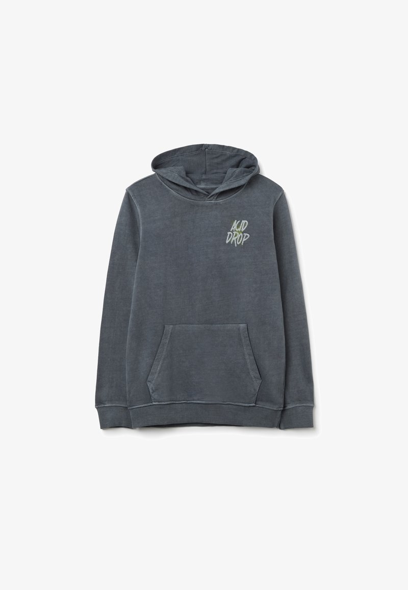 Hooded sweatshirt in dark grey, featuring a front pocket and "ACID DROP" embroidery in light green. Soft texture, ribbed cuffs.