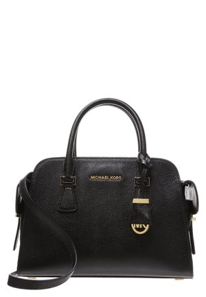 Schwarze strukturierte Lederhandtasche von Michael Kors mit doppelten Henkeln, abnehmbarem Schulterriemen und goldenem Logocharm vorn.