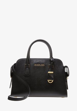 Schwarze strukturierte Lederhandtasche von Michael Kors mit doppelten Henkeln, abnehmbarem Schulterriemen und goldenem Logocharm vorn.